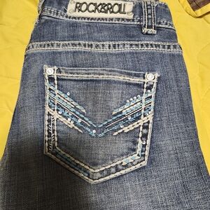 Rock & Roll Cowgirl Boot Cut Jeans with Blue Embellishments